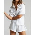 thumbnail image 4 of Womens Casual 2 Piece Outfits Cotton Linen Sets Button Down Shirt Shorts Resort Wear 2025 Pajama Beach Coverup Set White L, 4 of 7