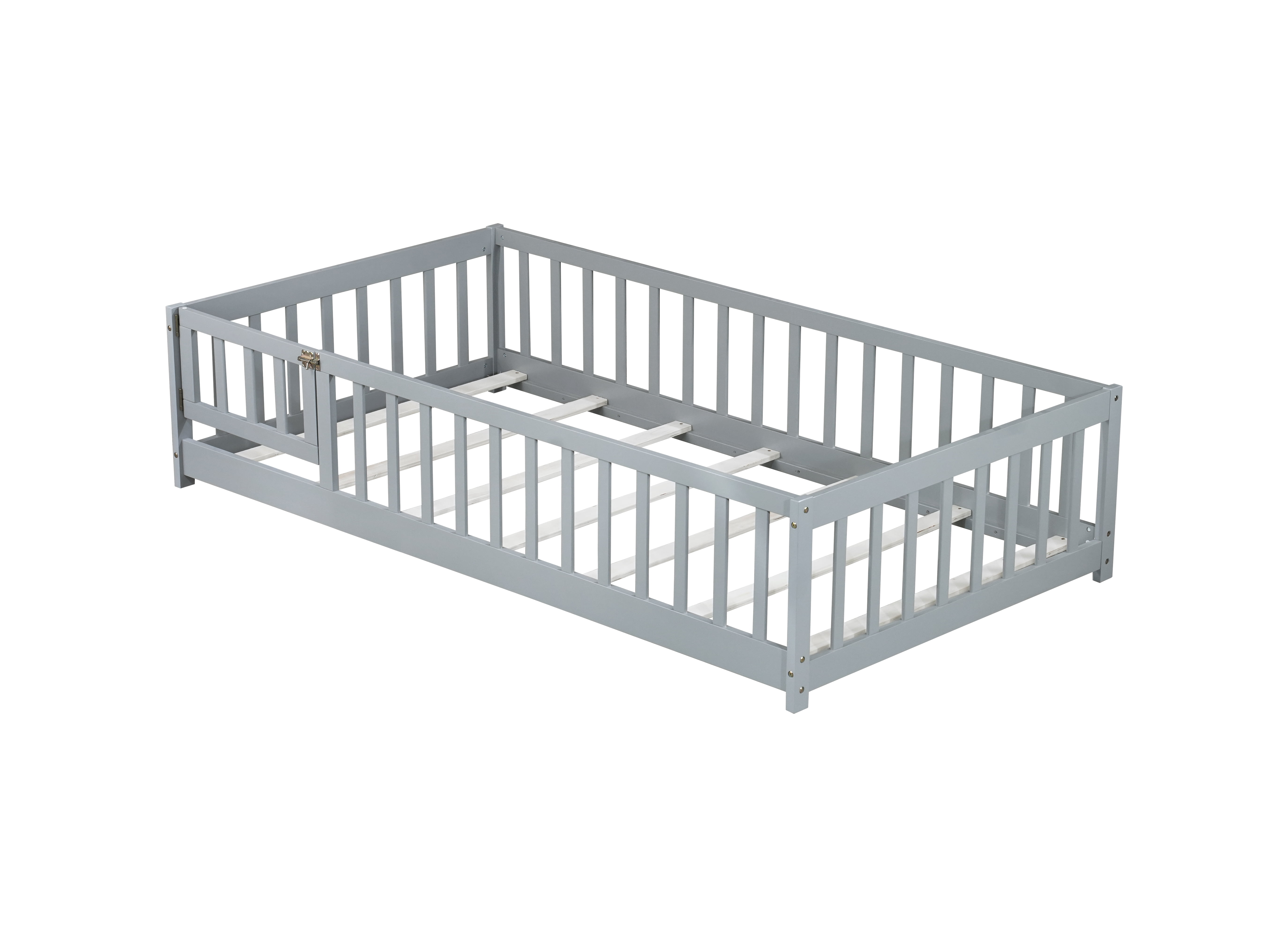Sailvan Twin Floor Bed with Fence and Door,Solid Wood Kids Bed Frame for Toddlers Grey