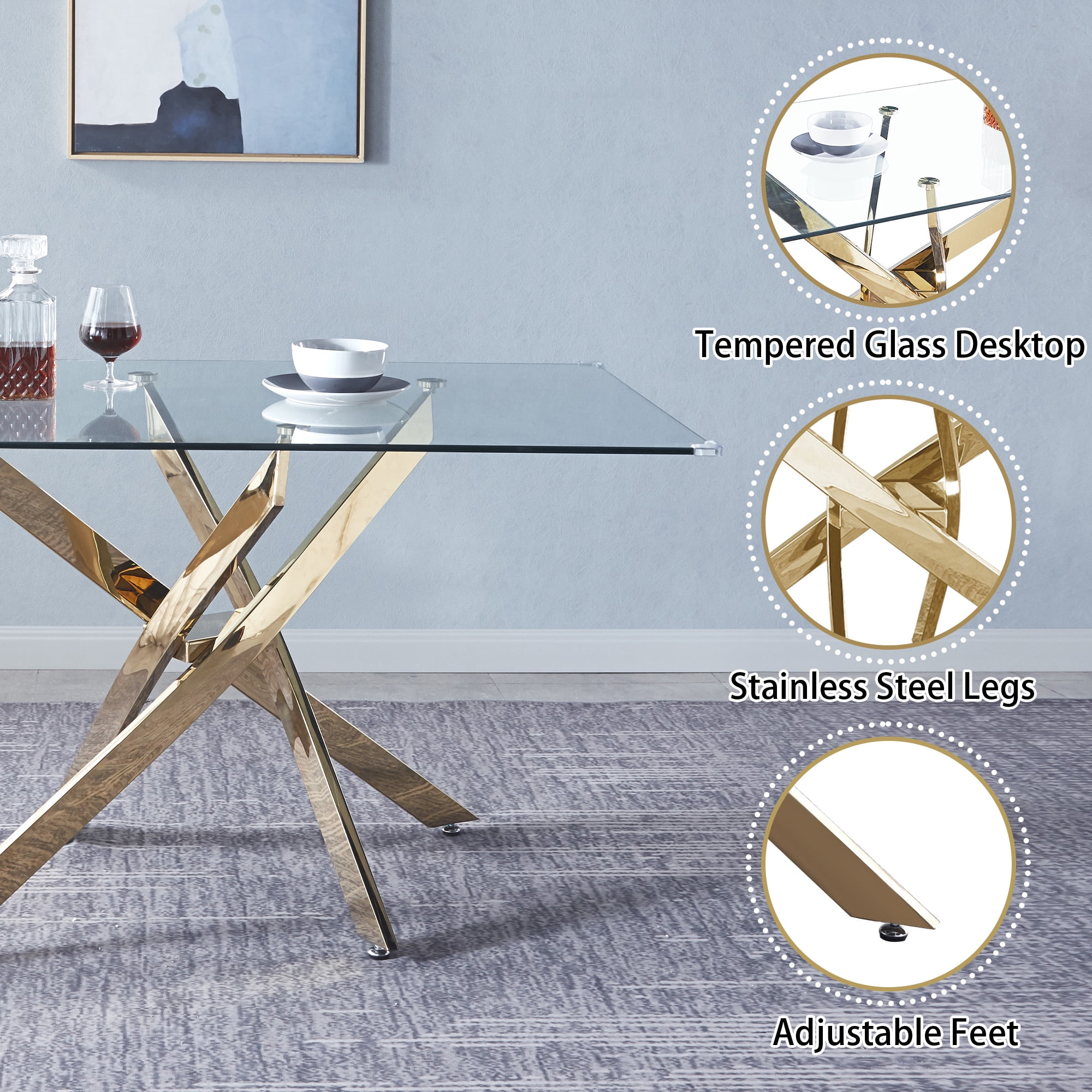 5-Piece Dining Table Set, 50" Modern Rectangular Tempered Glass Table & 4 Tufted Velvet Chairs with Stainless Steel Legs, Dining Set for Kitchen, Office