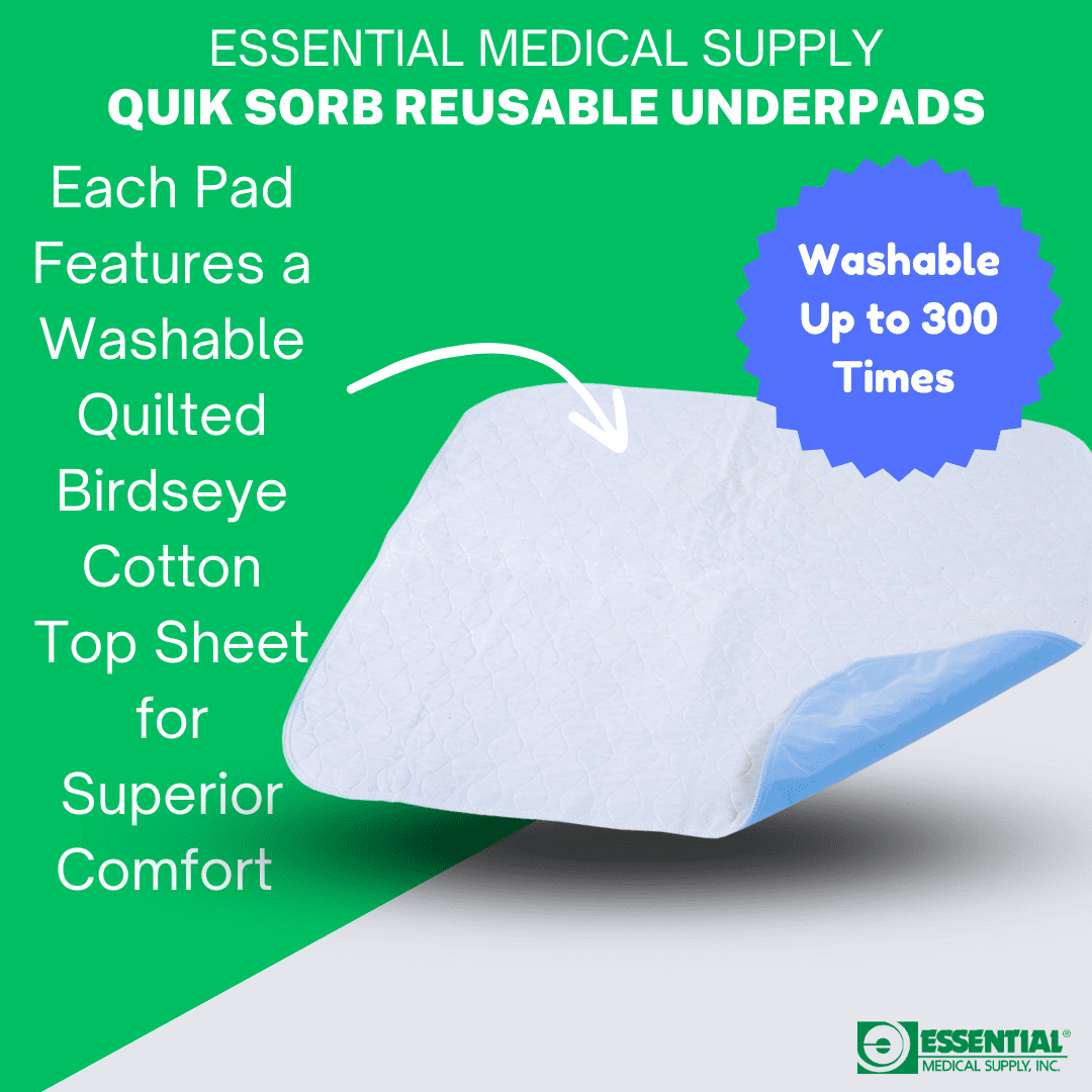 Essential Medical Supply Quik-Sorb 34" x 35" Quilted Birdseye Cotton Reusable Underpad - Waterproof Incontinence Bed Pads for Adults, Washable and Reusable Bed Pads with Birdseye Cotton Topsheet