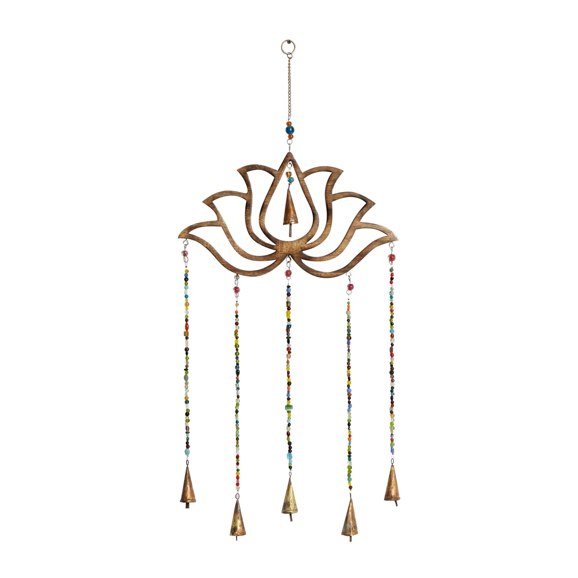 DecMode 30" Brown Mango Wood Handmade Lotus Floral Windchime with Glass Beads and Cone Bells
