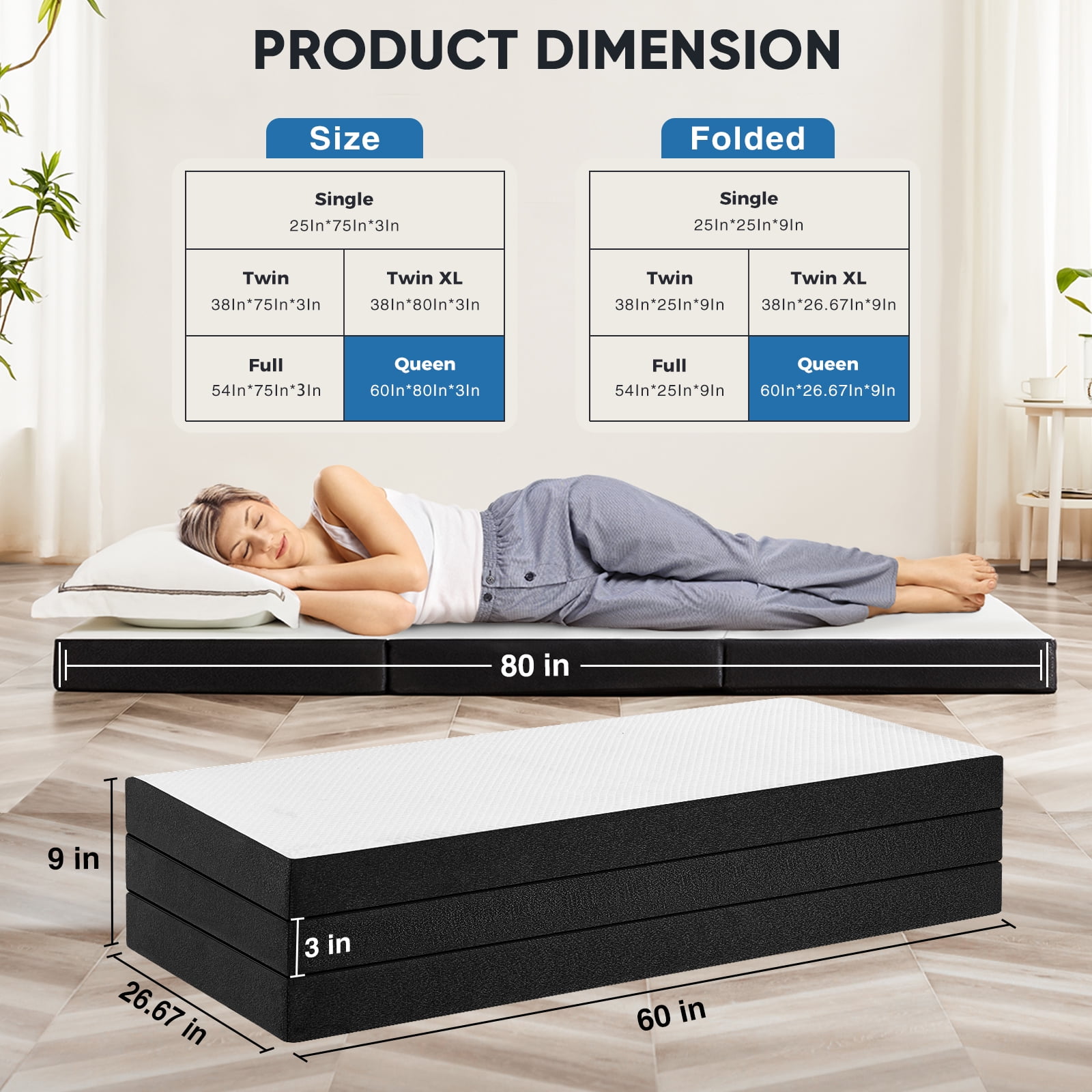 MAYEERTY 3" Tri-Fold Memory Foam Mattress Portable Foldable Non-Slip Floor Bed for Camping & Guest Use, Queen