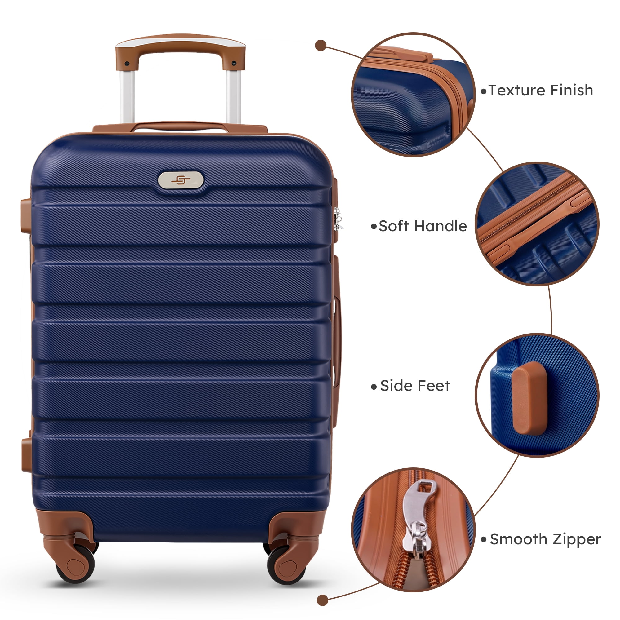 Gowill 5 Piece Luggage Sets,20/24/28 inch Hardside Lightweight ABS Suitcase With Expandable Duffle Bag (Navy Blue Tan)