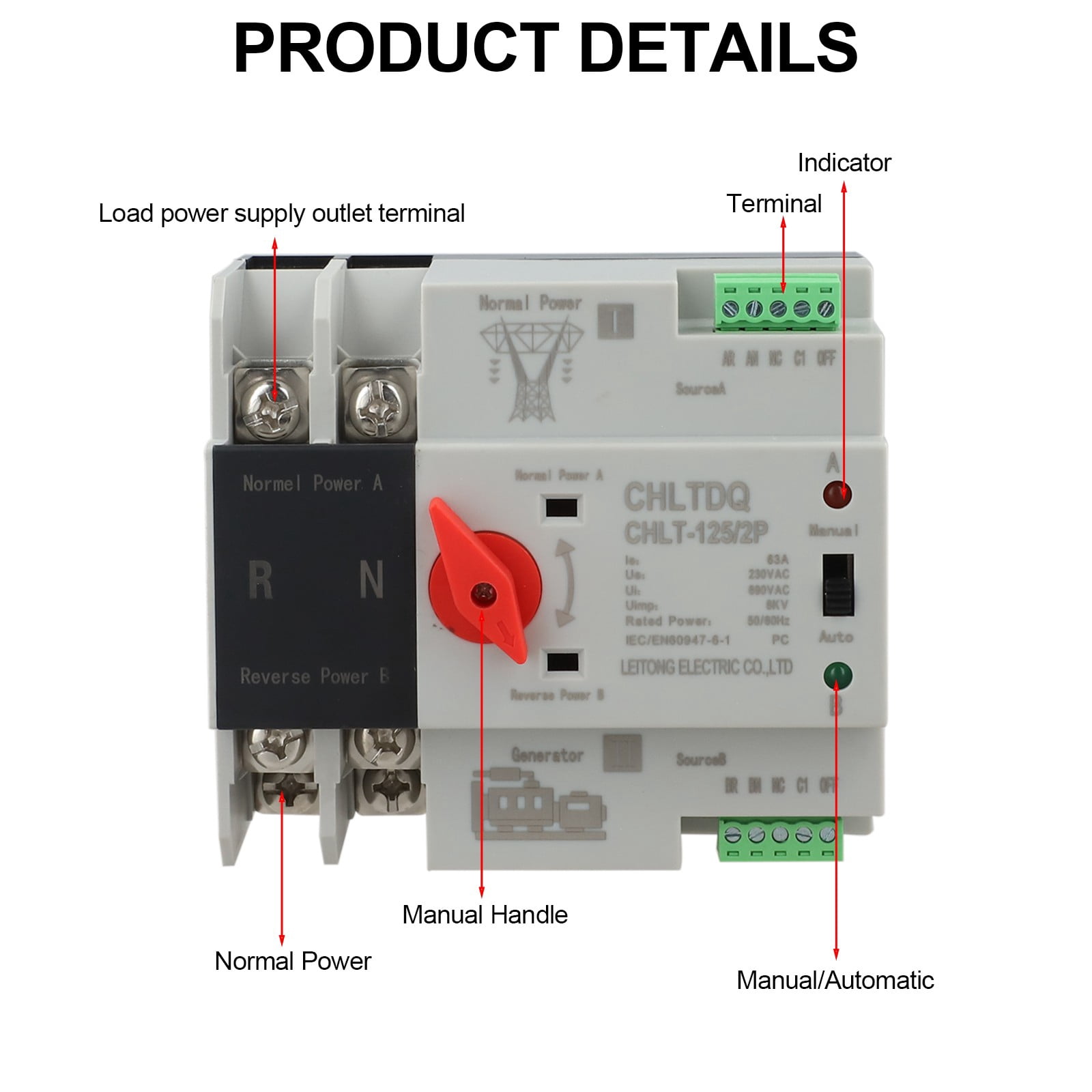 2P Automatic Transfer Switch 230Vac 63A Dual Power Uninterrupted Transfer Switch