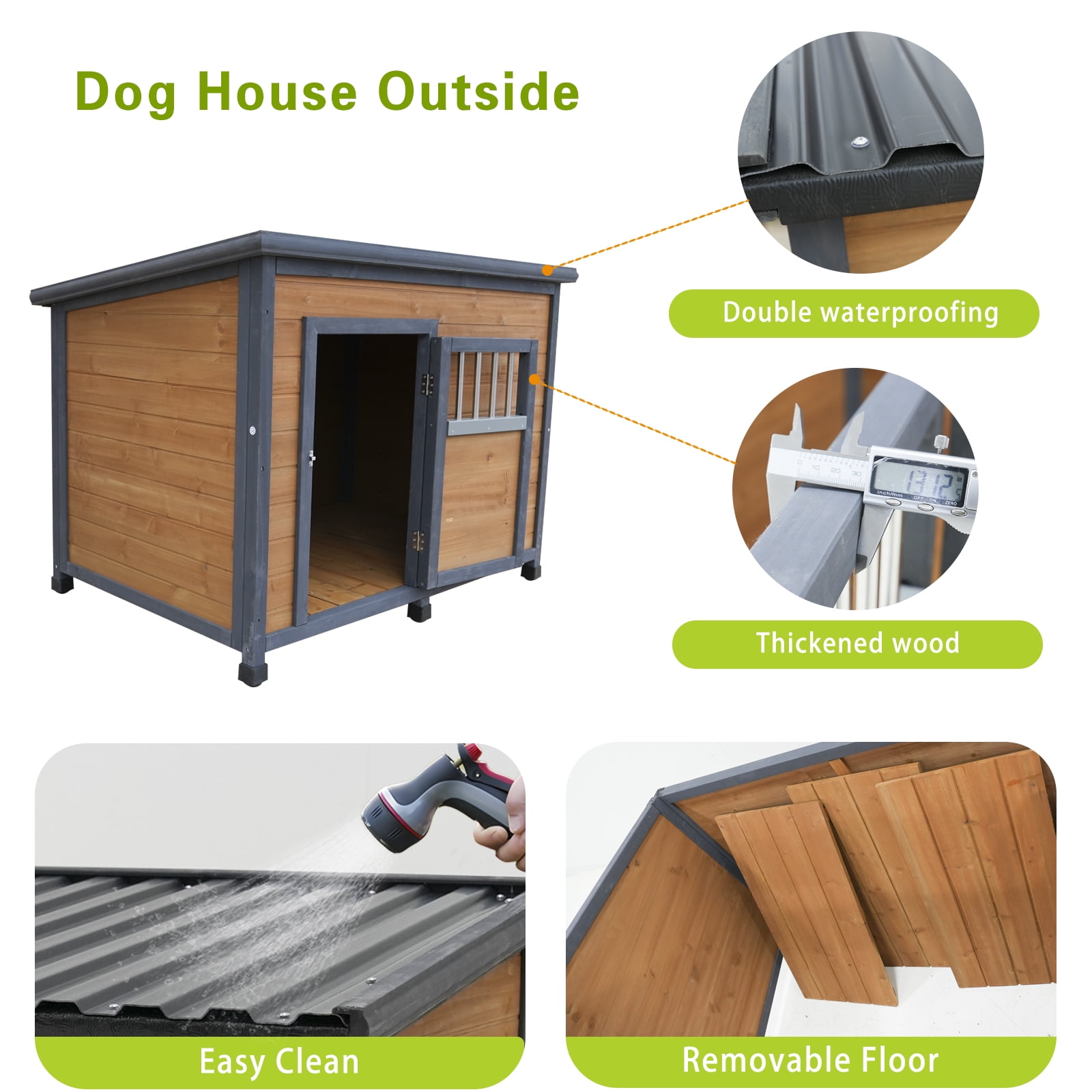 45" Large Solid Wood Dog House, Waterproof Pvc Plastic Roof, Breathable Wooden Doors