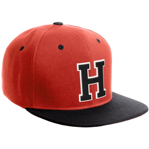 Daxton Classic Snapback Hat Custom A to Z Initial Varsity Letters, Red Black Hat White Black Letter H