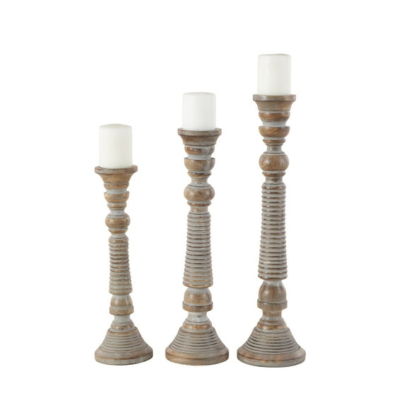 DecMode 3 Candle Light Gray Mango Wood Handmade Candle Holder, Set of 3