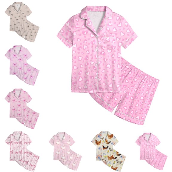 LIIPEE Summer Pajamas For Girls Cute Heart Graphic Short Sleeve Flat Collar Blouse And Shorts Pajama Set 2 Piece Kids Casual Sleepwear,4-5 Years