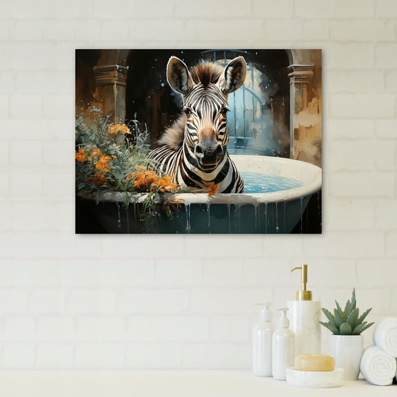 Designart "Zebra Floral Bath Encounter" Bathroom Canvas Wall Art