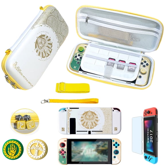 Storage Bag for Nintendo Switch & OLED, Built-in 10 Game Card Slots, with Protective Shell, High-definition Screen Protector, 2 Joycons Controller Rocker Keycaps-Switch