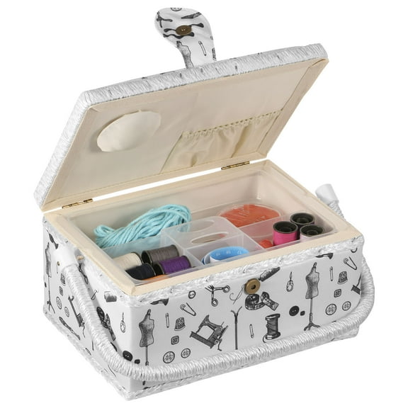 Keyohome Wooden Fabric Sewing Basket Double Layer Sewing Storage Box with Removable Tray and Handle for Needles Scissors Buttons Zippers