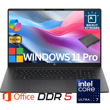 HP 17.3 Laptop for Business and Students w/Office & External DVD Drive Full HD Anti-Glare Display * Intel (12-Core) Ultra7-255U * Win 11 Pro * Wi-Fi 7 * Copilot AI * 16GB DDR5 RAM * 1TB SSD