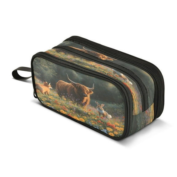 ALAZA Highland Cattle Animals Pencil Case Bag 3 Compartment Pen Pouch Large Storage Holder Box Organizer