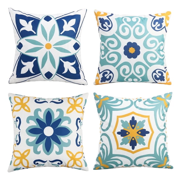 Odenmar 18x18 inch Pillow Covers 4-Pack, Featuring Blue Teal Yellow Floral Geometric Patterns, Polyester Fabric for Sofa Couch Home Decor