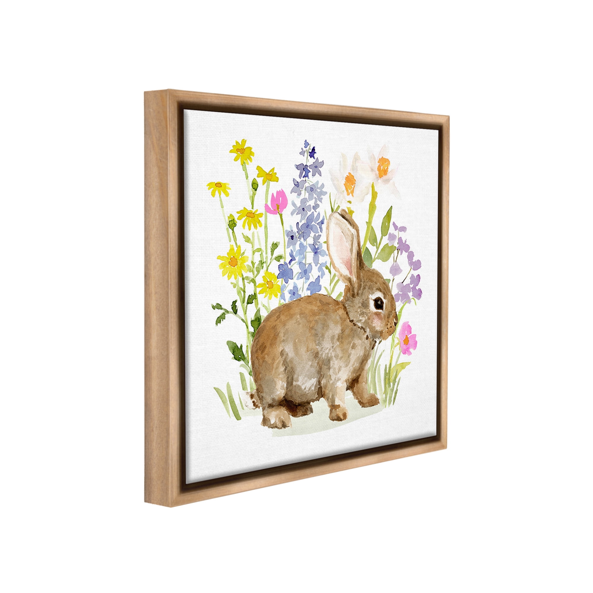 Stupell Industries Baby Bunny with Florals Animals & Insects Painting Brown Floater Framed Canvas Art Print Wall Art, 25 x 25