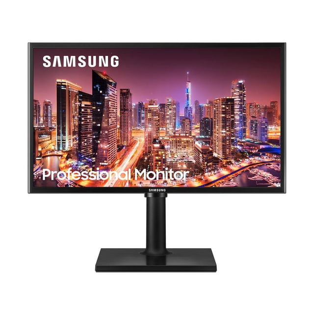 monitor led samsung lf24t400fhlxzx 24" 1920 x 1080 Full HD — Vista frontal centrada de un monitor Samsung de 24" 16:9 con imagen urbana nocturna, biseles delgados, soporte cilíndrico negro y base rectangular plana. Especificaciones: resolución 1920 x 1080, 16.7 M colores, 250 cd/m² de brillo; a menudo usado para estaciones de trabajo compactas.