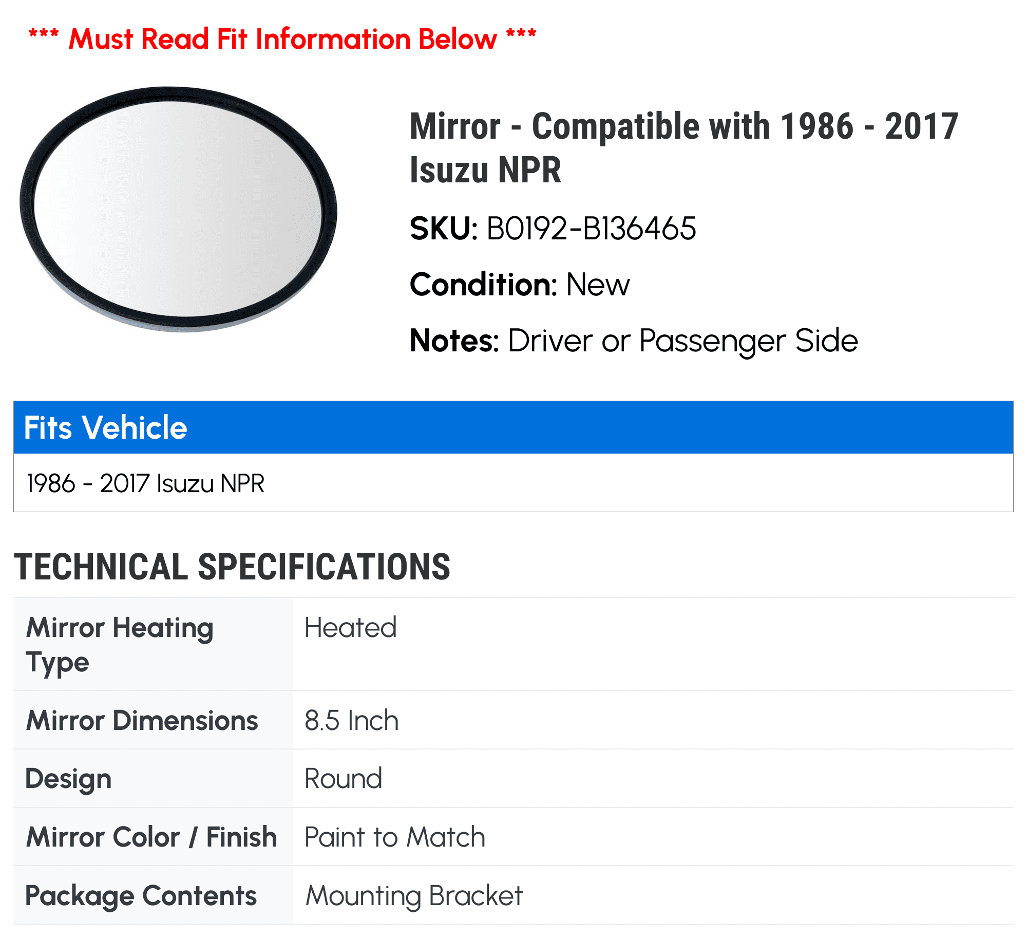 Mirror - Compatible with 1986 - 2017 Isuzu NPR 1987 1988 1989 1990 1991 1992 1993 1994 1995 1996 1997 1998 1999 2000 2001 2002 2003 2004 2005 2006 2007 2008 2009 2010 2011 2012 2013 2014 2015
