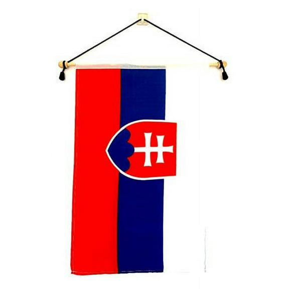 Slovakia 12"x18" Polyester Wall Banner Flags, 12 x18 Slovakian Wall or School Flag Mounted on a Birch Wood Banner Pole, Much Larger Than Mini 4"x6" Banner Flags