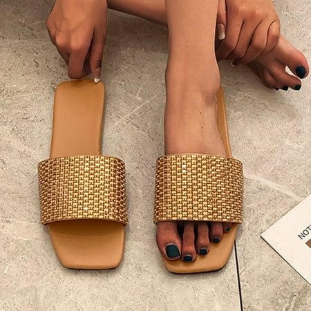 

HIBRO Summer New Fashion Diamond Sequin Women s One Line Slippers Flat Sandals