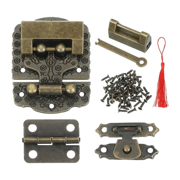 Uxcell Wooden Box Hasp Latch, Vintage Engraved Hasp Latch Hook with Mounting Screws & Padlock (53x41mm), Bronze