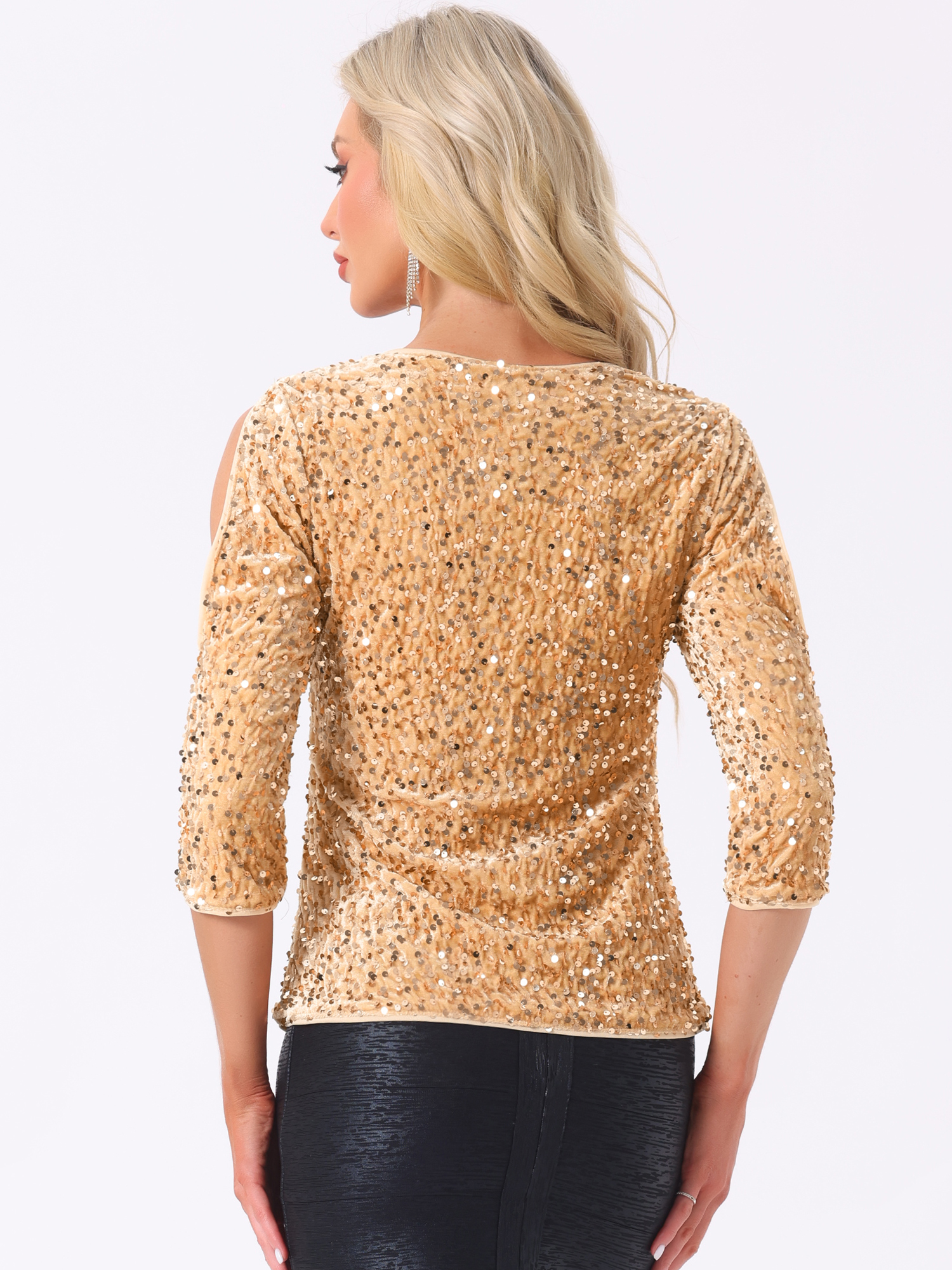DARING DIVA Women's Sparkle Sequin Velvet Cut Out Half Sleeve Blouse M Gold