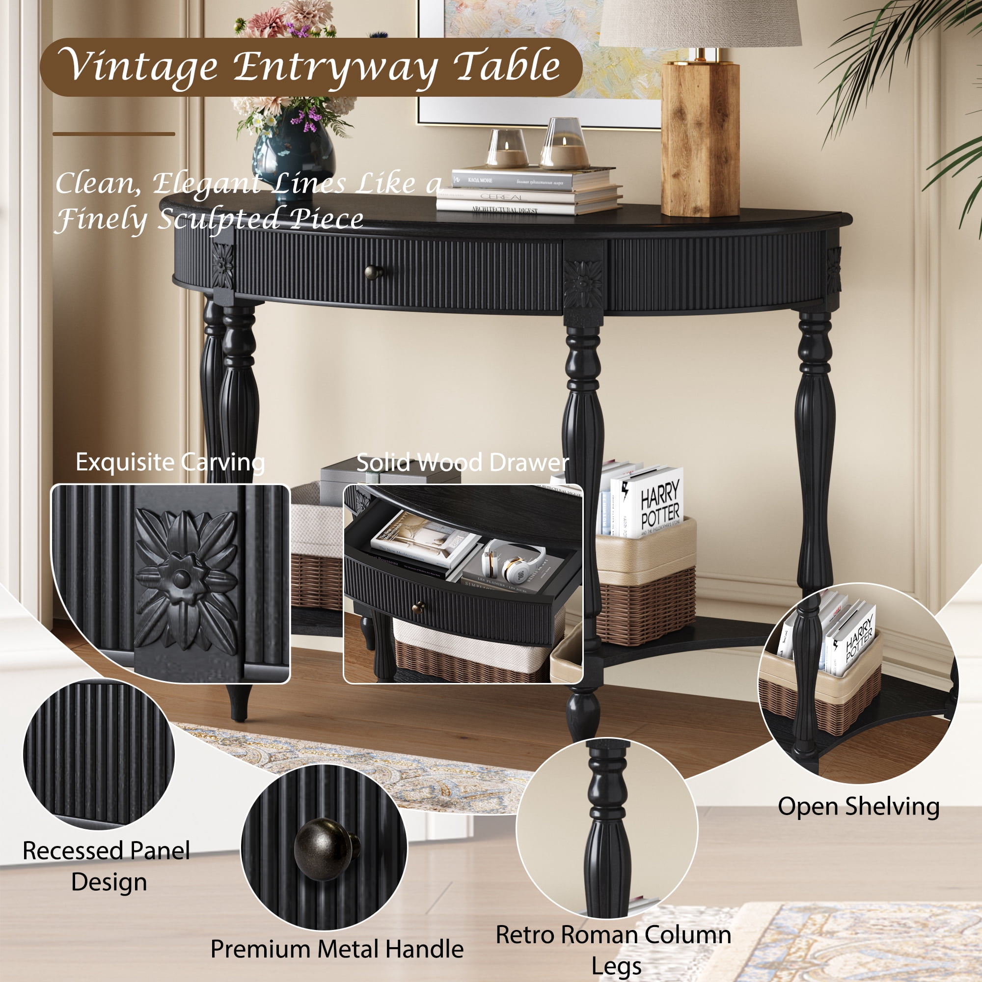 Solid Wood Half Moon Console Table with Drawer & Shelf, Fluted Vintage Curved Entryway Table for Hallway Living Room Foyer, Narrow Space-Saving Accent Furniture with Roman Column Carved Legs, Black