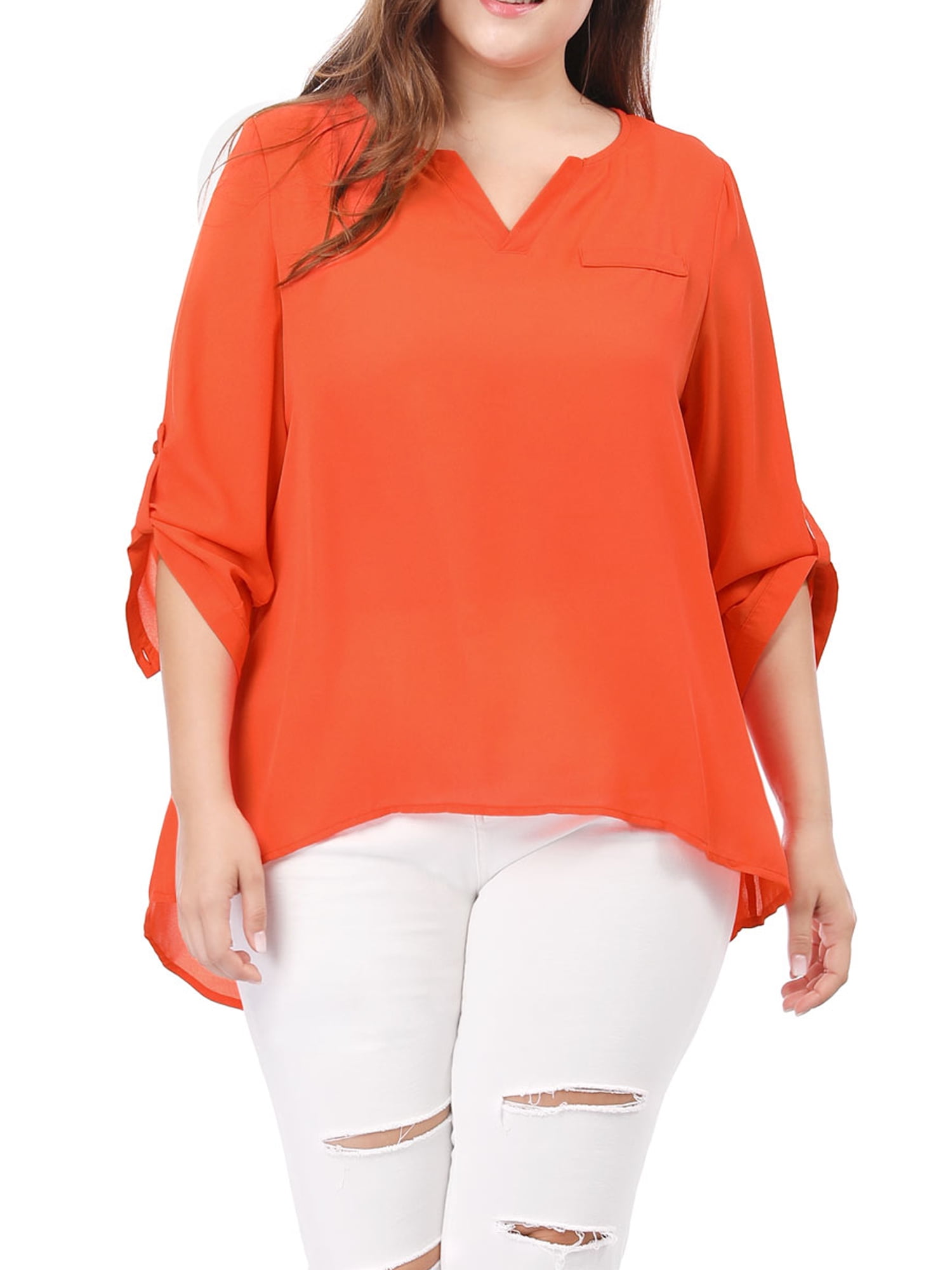 Unique Bargains Women's Plus Size V Neck High Elbow Sleeves Blouse