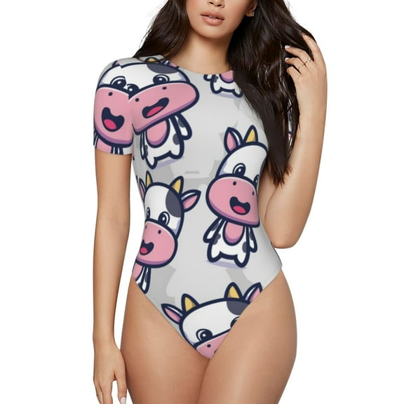 Hirioo Baby Cow for Women's Round Neck Short-sleeved Onesie Basic Bodysuits-Small