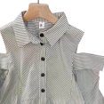 thumbnail image 2 of Camisa con hombros descubiertos para mujer, blusa con botones y cuello vuelto, Top a rayas de manga larga para camisa de verano S, 2 of 8