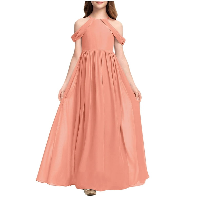Qodauz Cold Shoulder Junior Bridesmaid Dress for Wedding Chiffon Flower  Girl Piano Performance Flowy Elegant Halter Maxi Dress for 3-12 Years Hot  Pink - Walmart.com