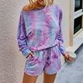 thumbnail image 3 of Babysbule Women Shorts Women's Tie-Dye Print Long Sleeve O-Collar Pullover Leisure Tops + Shorts Set, 3 of 7