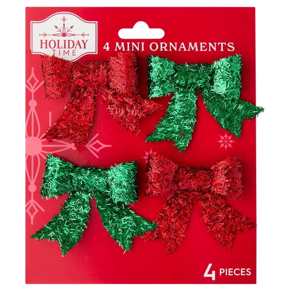 4-Count Red and Green Tinsel Bow Mini Christmas Ornaments, 2", by Holiday Time