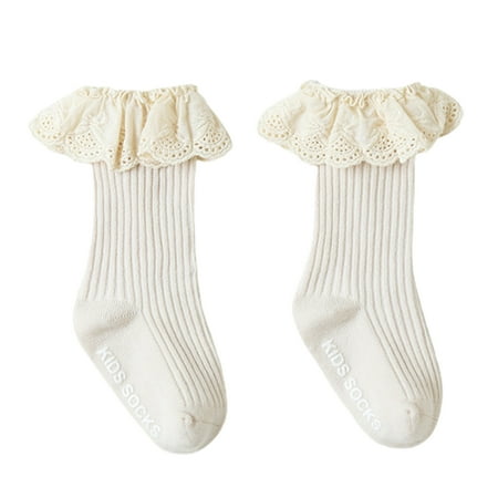 

Kripyery 1Pair Cotton Solid Color Middle Tube Lace Baby Floor Socks Non-slip Stocking