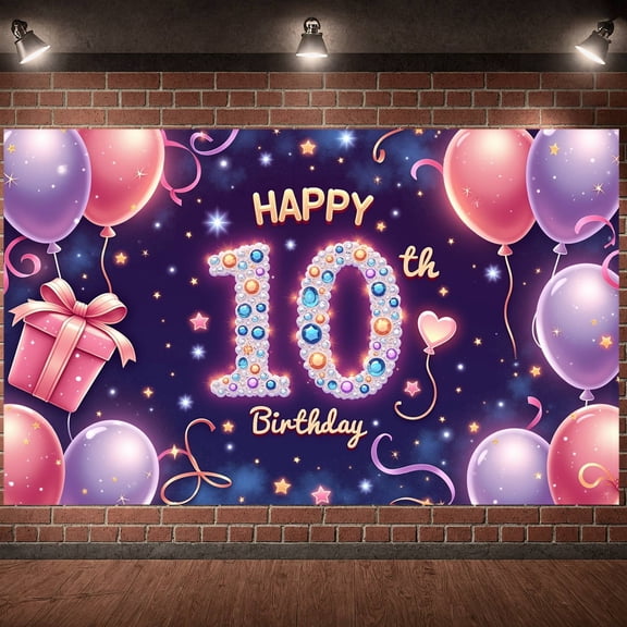 Jeweled Design 10th Birthday Banner Sparkling Stars Backdrop Pink Purple Balloons Gift Box Decor Celebration Display for 10th Birthday Party Girls' Birthday Kids Celebration