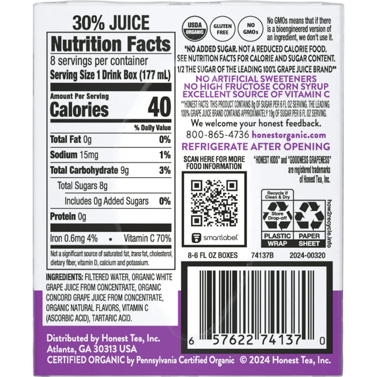 Honest Kids Organic Goodness Grapeness Fruit Juice Pouches, 6 fl