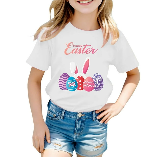 MIASHUI T-Shirt à Manches Courtes pour Enfants Joyeuses Pâques Imprimé Œuf Bunny, Blanc, 12-13 Ans