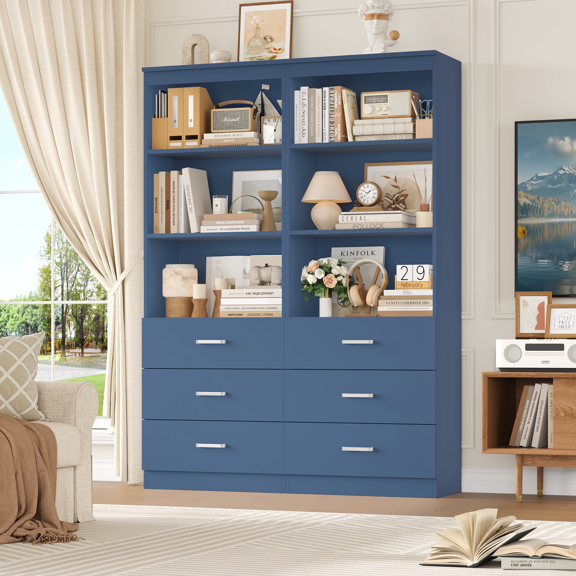Homfa 71" Tall Bookcases with 3 Large Drawers, 3 Tier Wooden Storage Bookshelf for Living Room Home Office, Blue