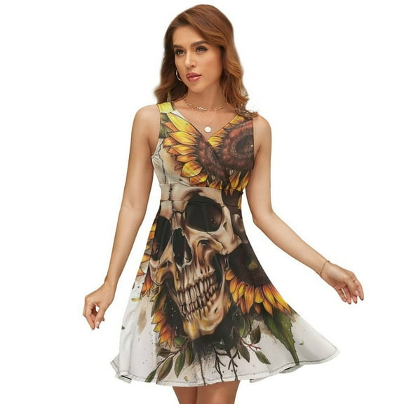 Sunflower Skull (7) Dress Fashion Beach Long Dresses Female Party Printed Sundress