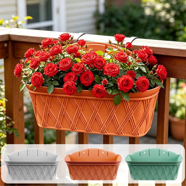 TTJ Flower Pots Outdoor Plantsers Rectangular Plastic Wall Mount Planter Basket with Faux Leather Texture Weather Resistants Window Box Planter for Indoor Outdoor Balcony Patio and Garden Dec
