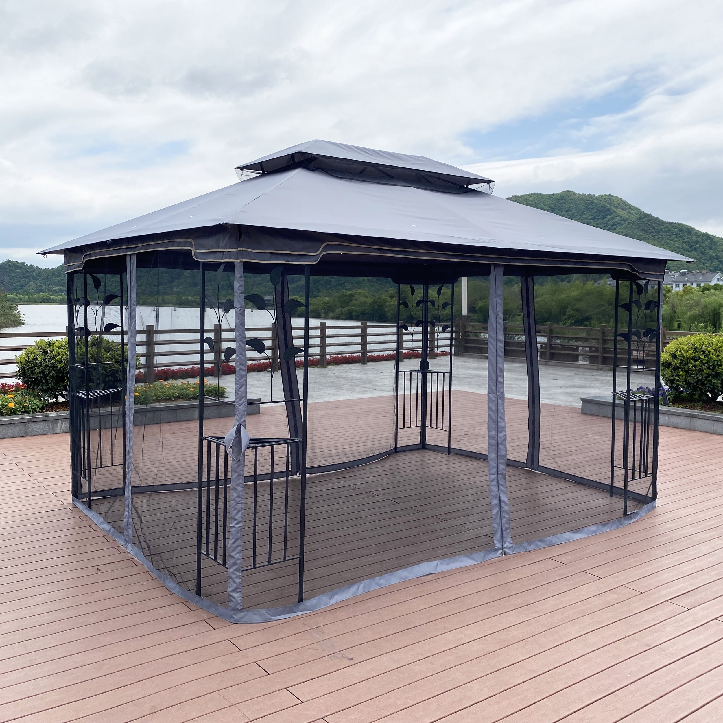 Royard Oaktree Patio Gazebo 13x10 Ft Outdoor Canopy Gazebo with Mosquito Netting and Corner Shelf Ventilation Double Roof Party Tent for Lawn Backyard Garden Deck,Gray