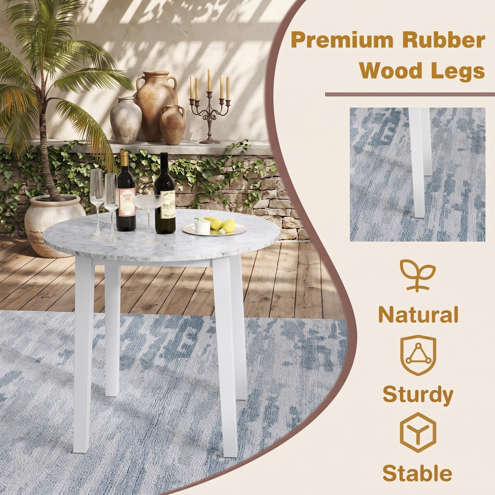 Furnibear 35 Inch Round Dining Table, Marble-Textured Veneer Kitchen Table with Rubber Wood Legs for 2-4 People, Small Space Bistro Dinner Table for Kitchen, White