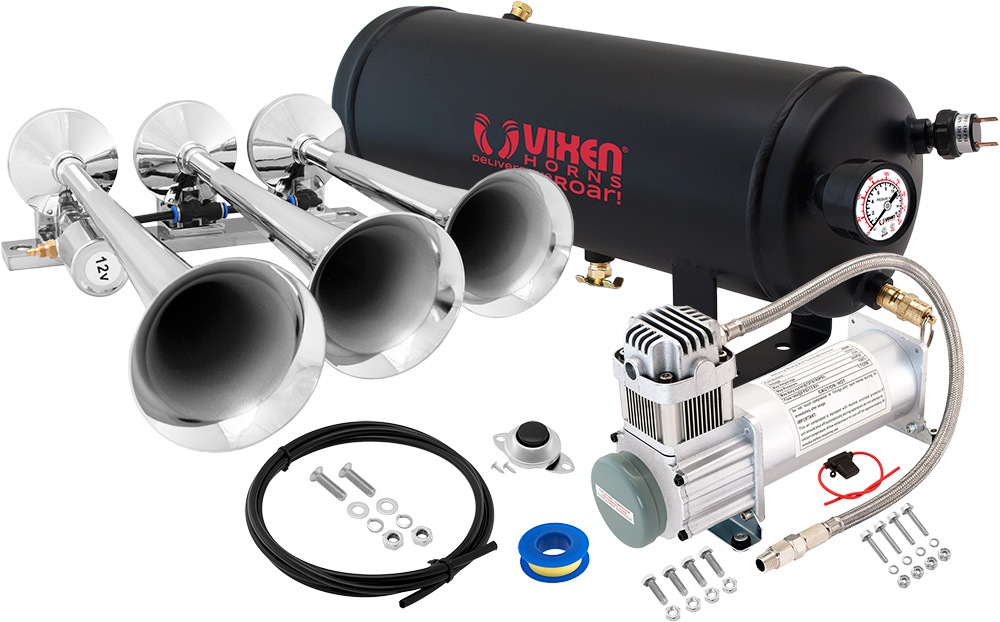Vixen Horns Train Horn Kit For Truck/Car – 2.5 Gallon Air Tank, 200 PSI, 4 Trumpets