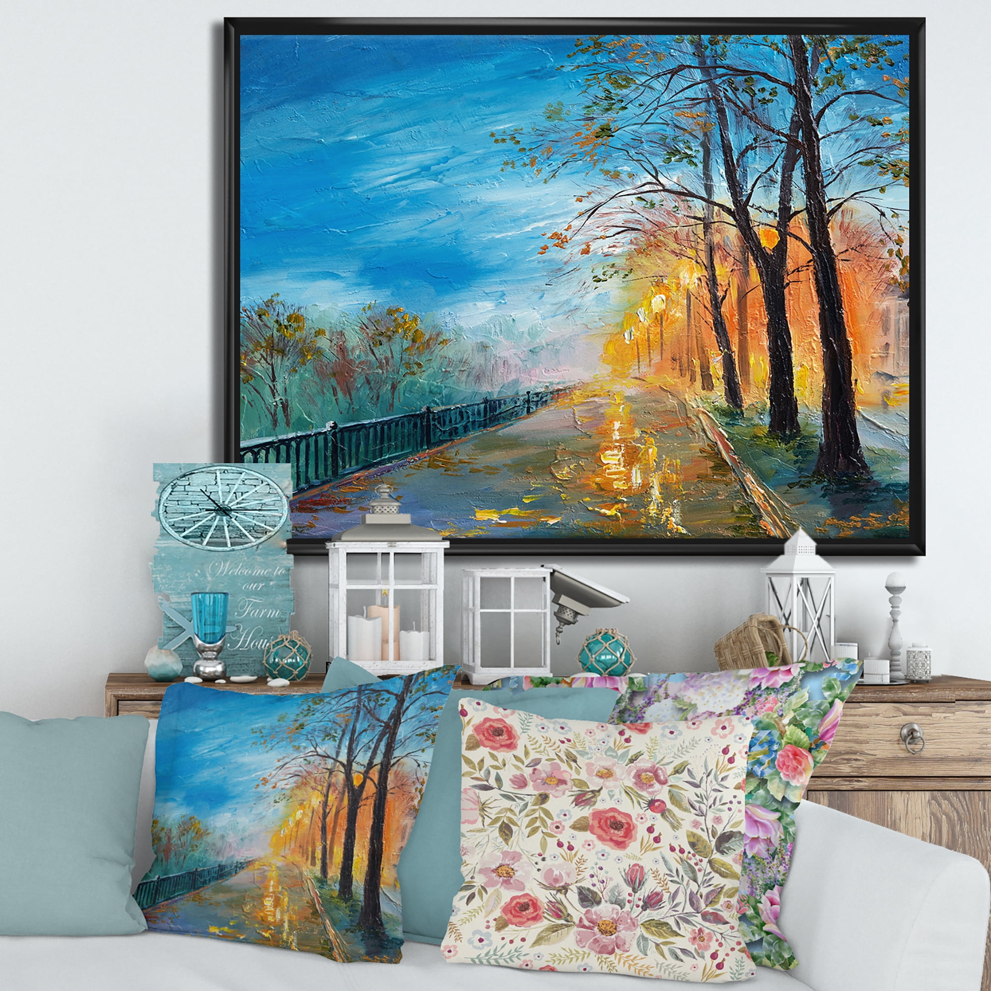 Autumn Road in Evening 20 in x 12 in Framed Painting Canvas Art Print, by Designart