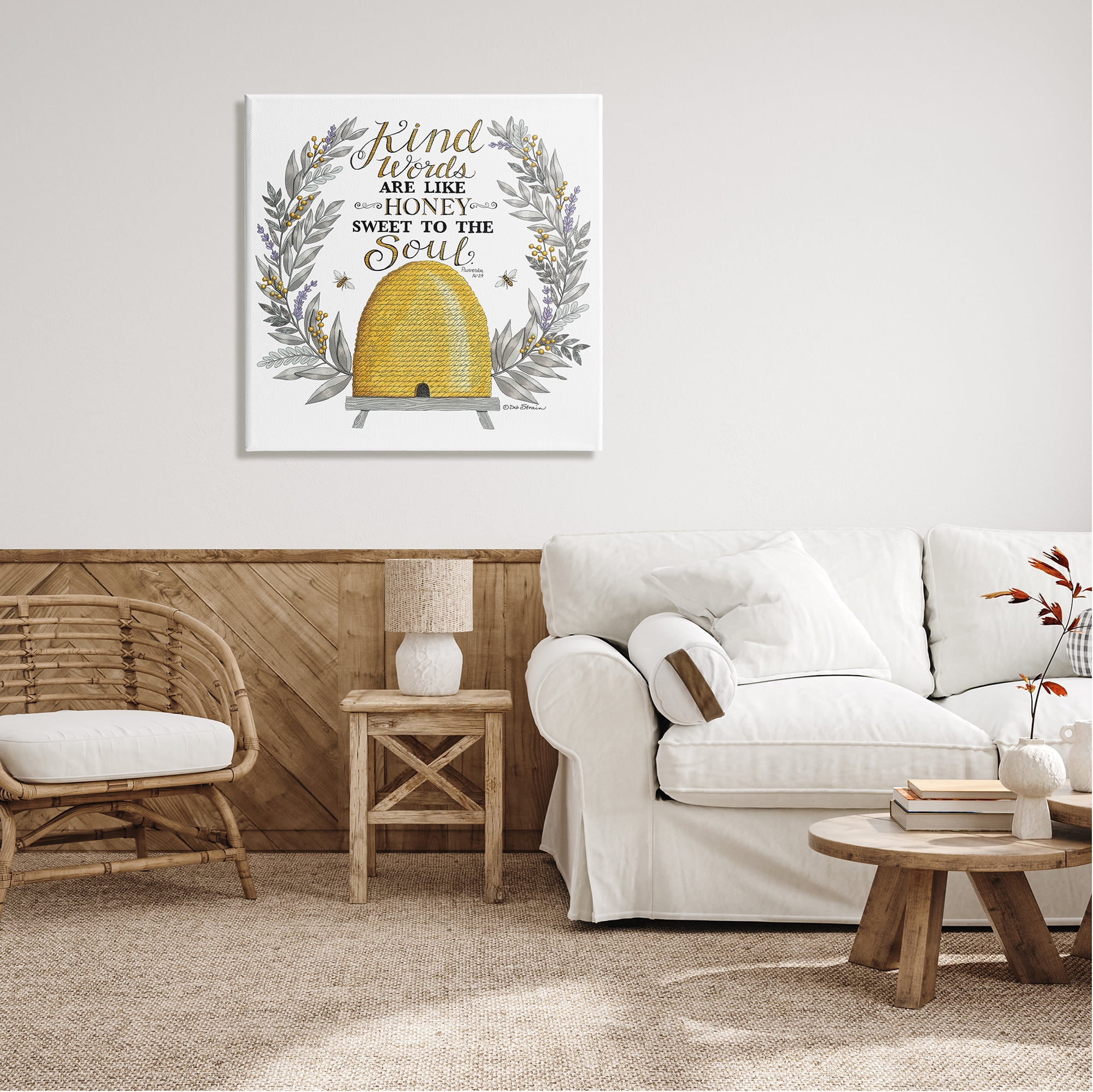 Stupell Industries Kind Words Comforting Bee Hive Phrase Botanical Laurels Graphic Art Gallery Wrapped Canvas Print Wall Art, Design by Deb Strain