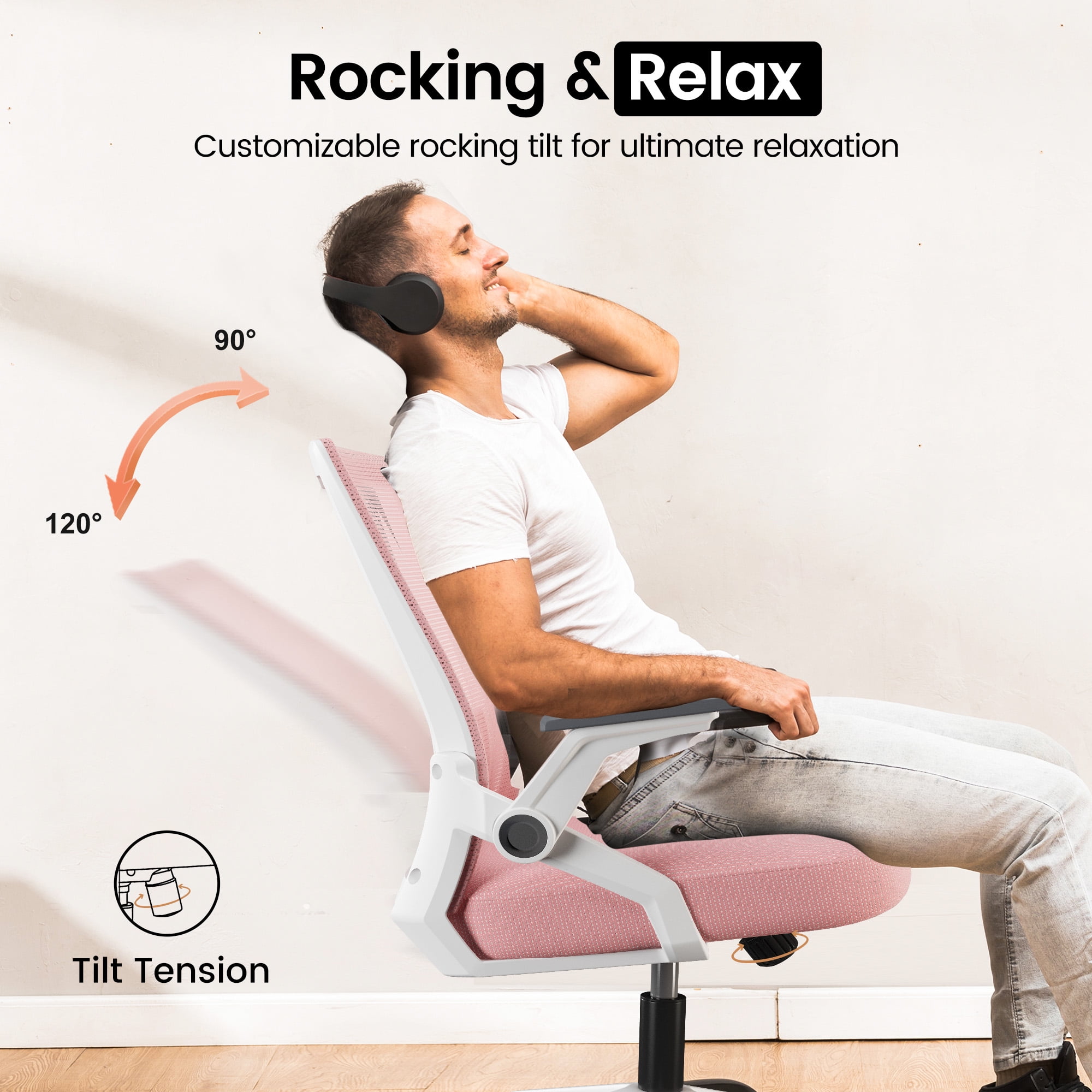 CloudRest Pro Mid Back Mesh Office Chair with Flip-Up Armrests for home office, Pink