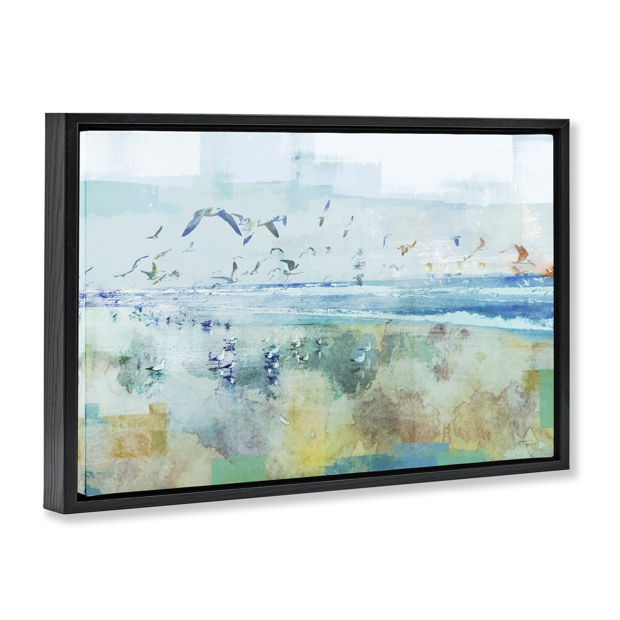 Stupell Industries Abstract Birds Over Beach Abstract Painting Black Floater Framed Canvas Art Print Wall Art, 25 x 17