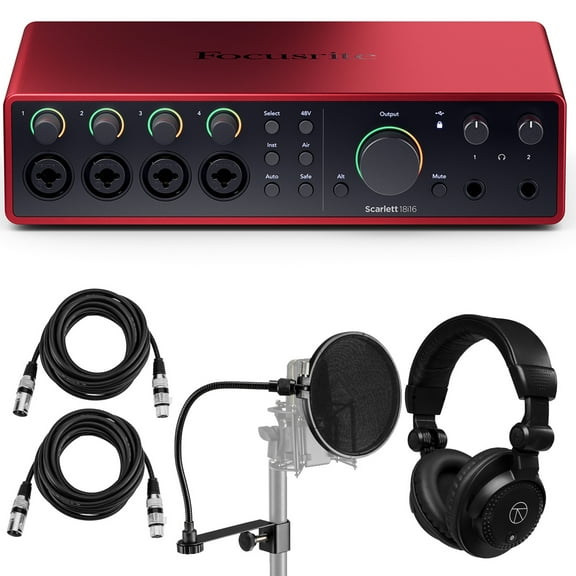 Focusrite Scarlett 18i16 4th Gen USB Audio Interface with Software Suite, Bundle with TAPH100 Monitor Headphones, Pop Filter, 2x 15' XLR Male to Female Cable