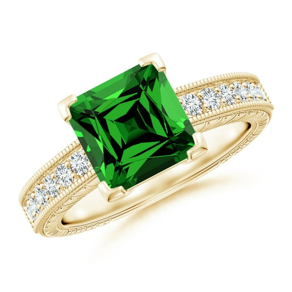 ANGARA Lab Grown 1.75 Ct Square Cut Emerald Ring with Milgrain Detailing for Women in 14K Yellow Gold (Size-8mm) | May Birthstone, Anniversary, Jewelry Gift for Women | Lab-Grown Emerald Ring