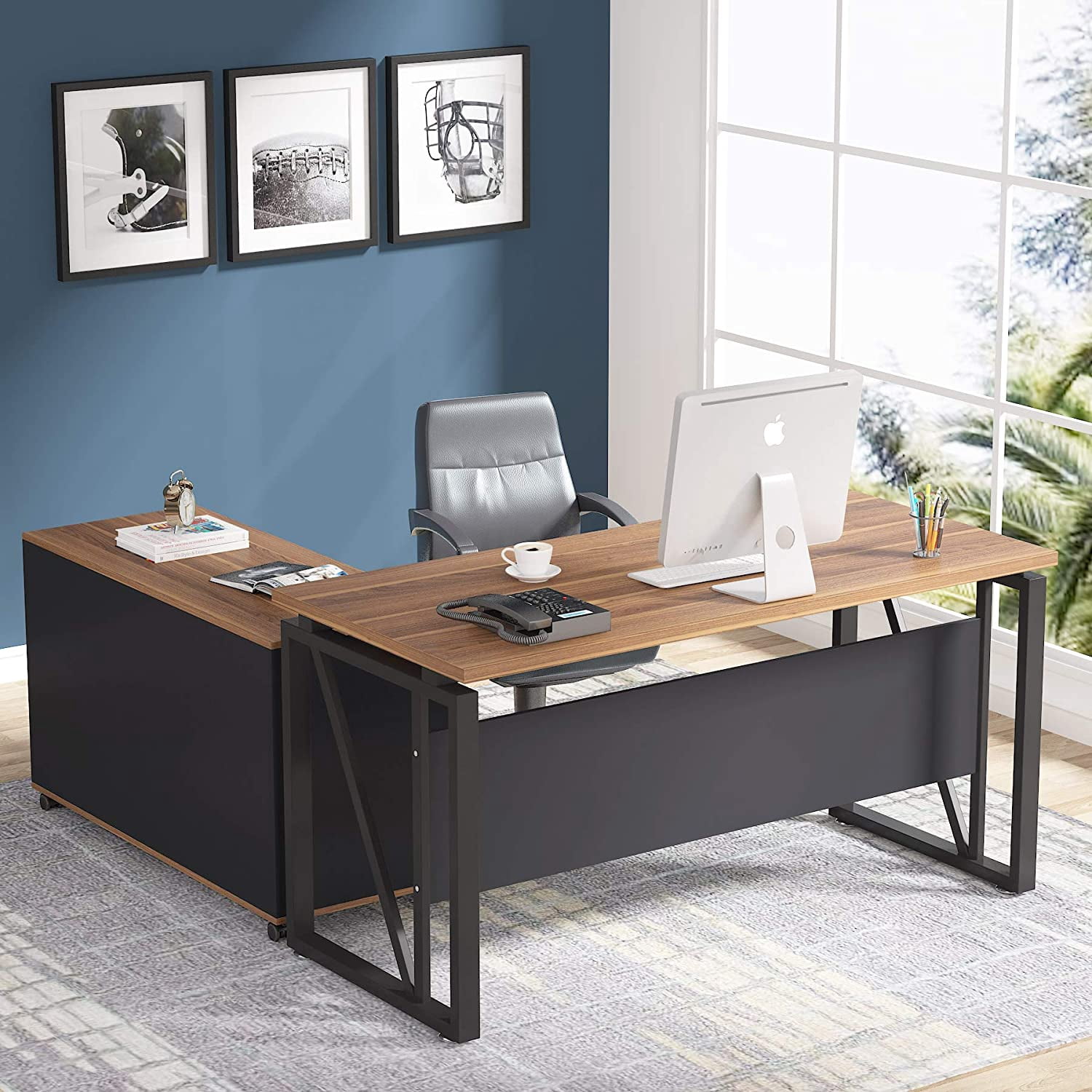 Tribesigns L-Shaped Computer Desk, 55 inches Executive Desk with File Cabinet, Gaming Desk Business Furniture with Drawers and Storage Shelves, Home Office Table
