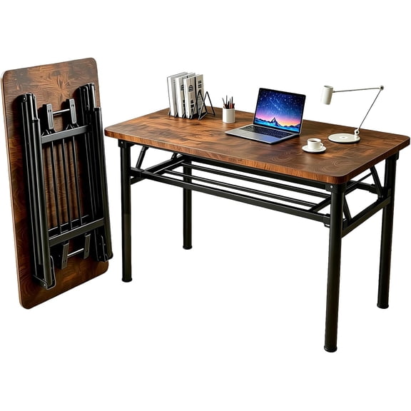 Folding table for small spaces; 31.5-inch foldable computer desk; no assembly required; space-saving, portable study desk; suitable for compact home offices, bedrooms, dorms, and apartments; brown.